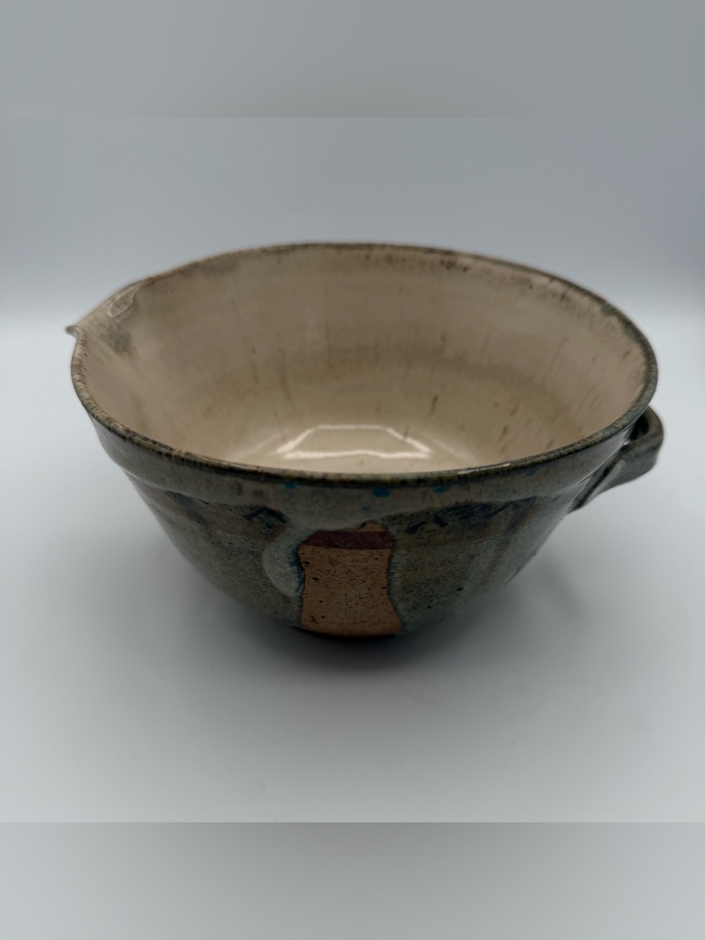 Vintage Studio Pottery Stoneware Batter Bowl Pouring Mixing Bowl Blue Green 7.5”